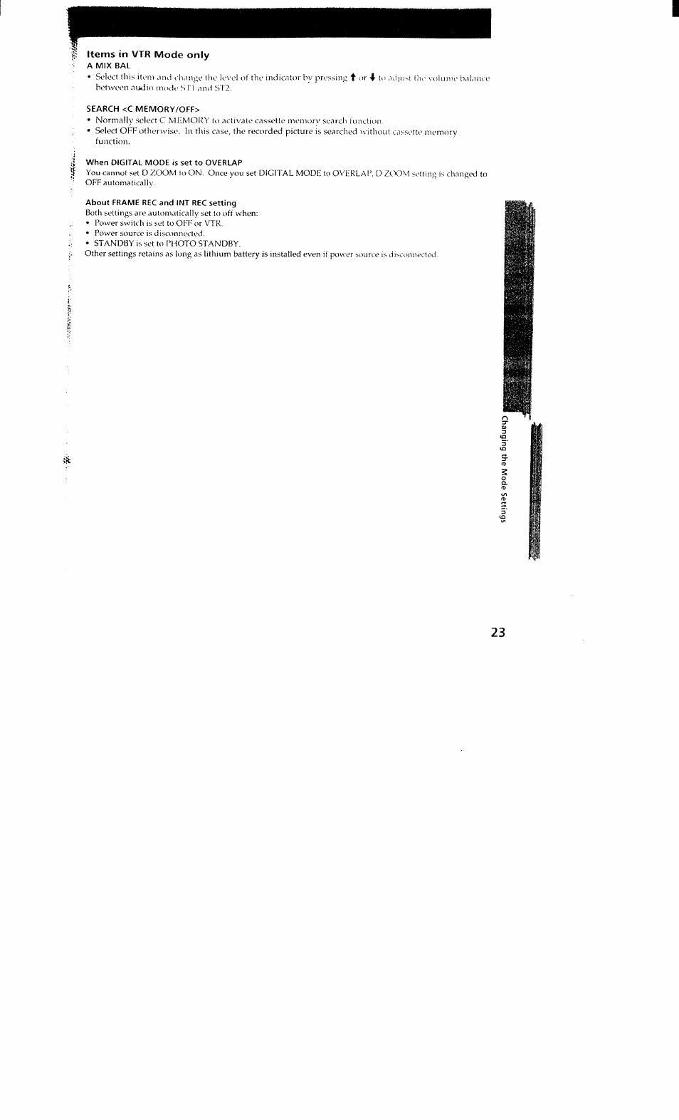 Search <c memory/off, About frame rec and int rec setting | Sony DCR-VX700 User Manual | Page 23 / 73