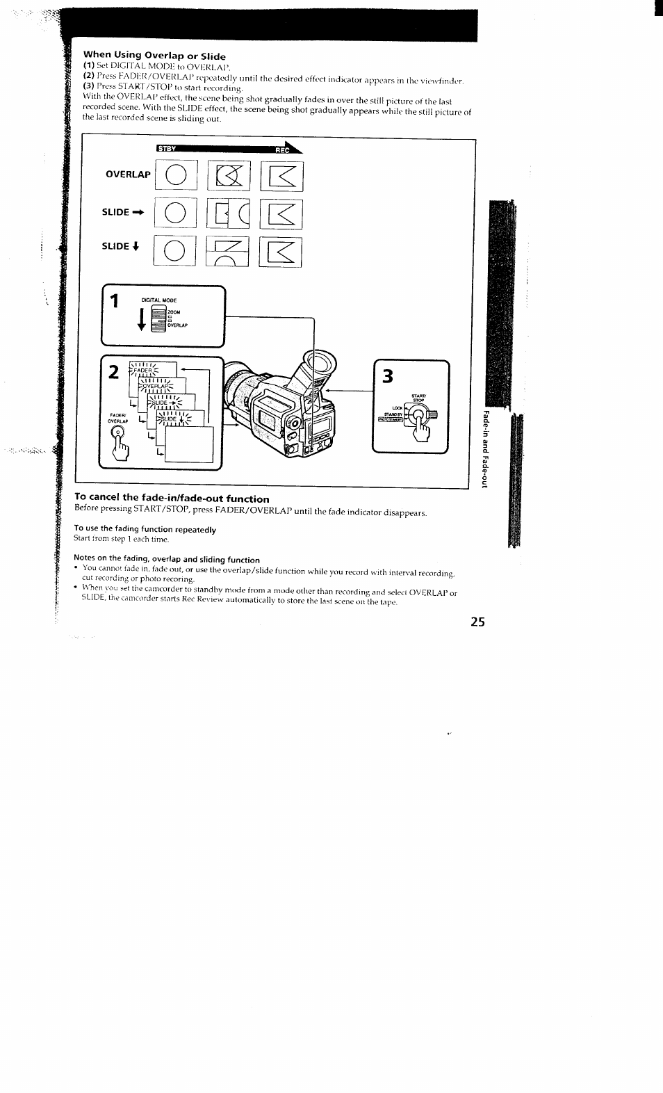 When using overlap or slide, Overlap, Slide | Slide 4, To cancel the fade-in/fade-out function, To use the fading function repeatedly, Notes on the fading, overlap and sliding function, O< o g c < o | Sony DCR-VX700 User Manual | Page 25 / 73