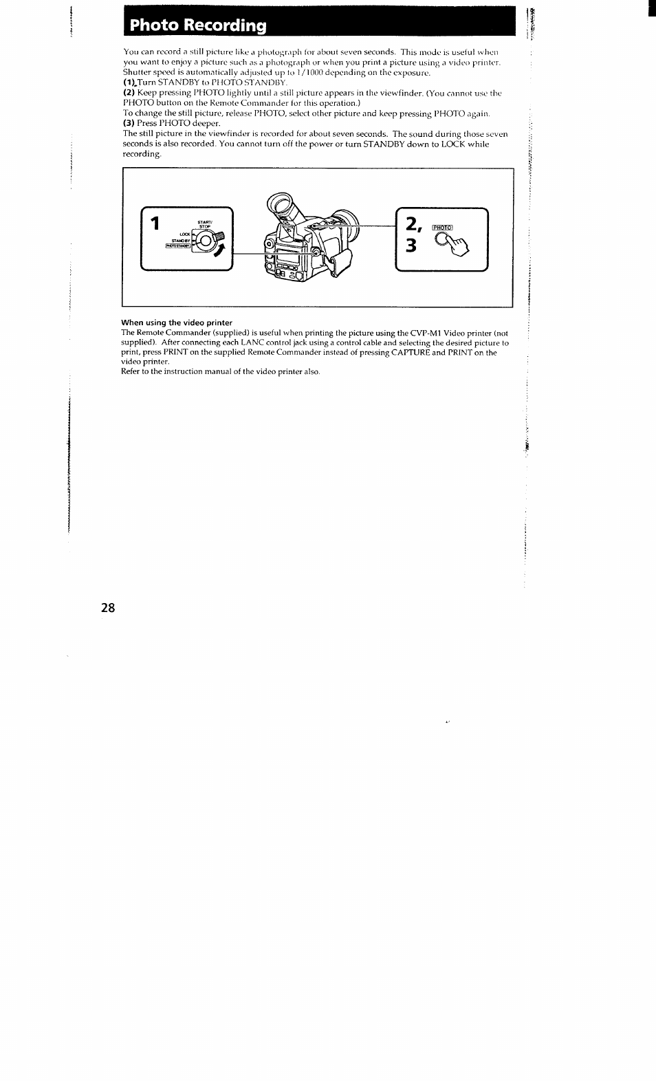 When using the video printer, Photo recording | Sony DCR-VX700 User Manual | Page 28 / 73