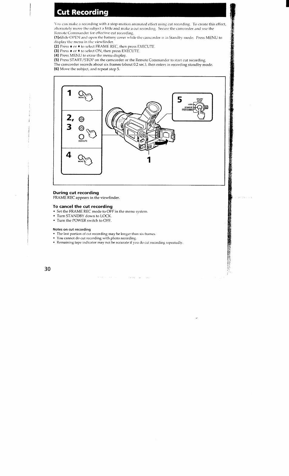 During cut recording, To cancel the cut recording, Notes on cut recording | Cut recording | Sony DCR-VX700 User Manual | Page 30 / 73