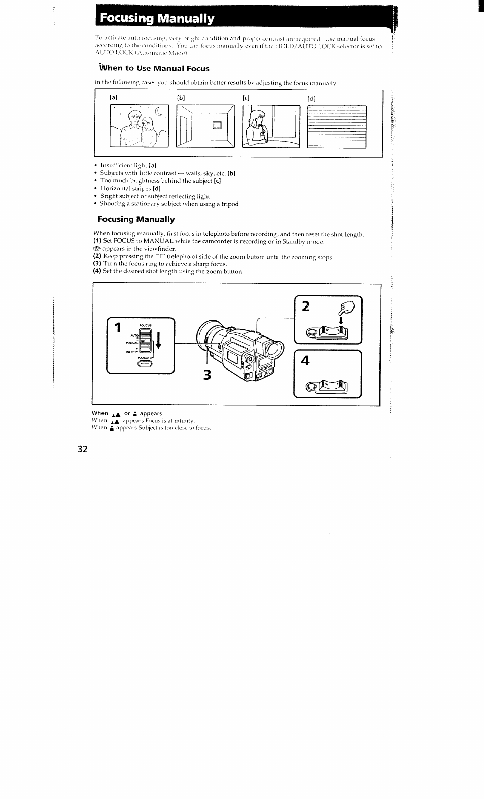 Focusing manually, When to use manual focus, When or i appears | Sony DCR-VX700 User Manual | Page 32 / 73