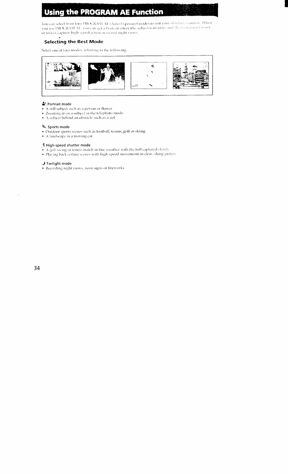 Using the program ae function, Selecting the best mode, Iki portrait mode | Sports mode, T high-speed shutter mode, Twilight mode | Sony DCR-VX700 User Manual | Page 34 / 73