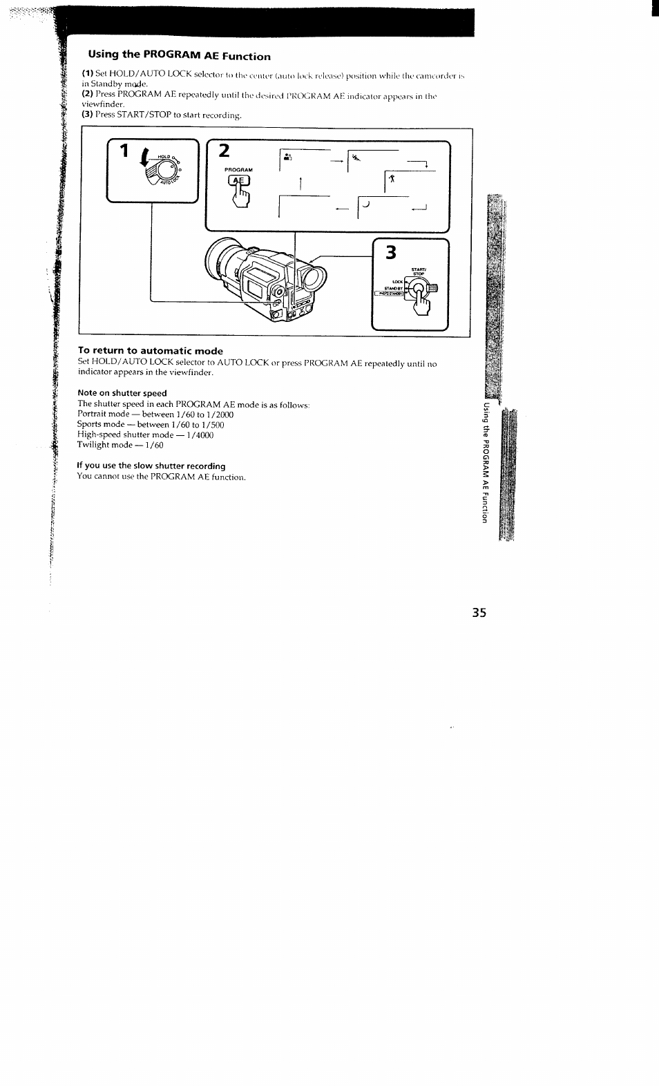 Using the program ae function, To return to automatic mode | Sony DCR-VX700 User Manual | Page 35 / 73