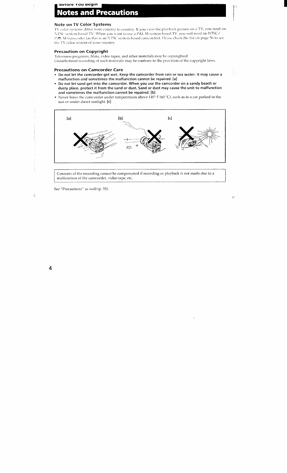 Detore you begin, Notes and precautions, Note on tv color systems | Precaution on copyright, Precautions on camcorder care | Sony DCR-VX700 User Manual | Page 4 / 73