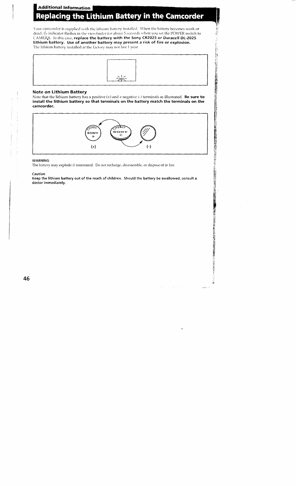 Replacing the lithium battery in the camcorder | Sony DCR-VX700 User Manual | Page 44 / 73