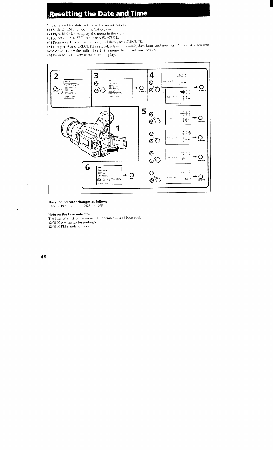 Resetting the date and time, The year indicator changes as follows, Note on the time indicator | Sony DCR-VX700 User Manual | Page 46 / 73