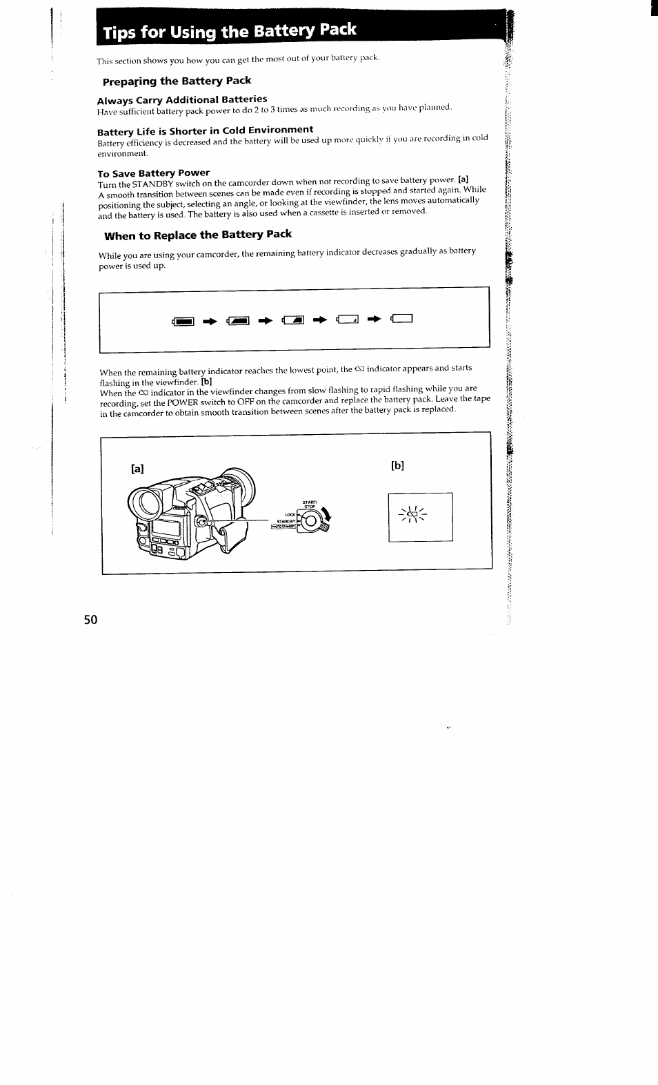 Tips for using the battery pack, Battery life is shorter in cold environment, To save battery power | Sony DCR-VX700 User Manual | Page 48 / 73
