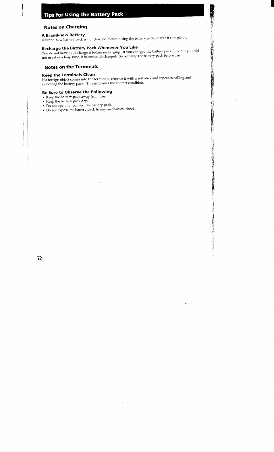 Tips for using the battery pack, Notes on charging, A brand-new battery | Recharge the battery pack whenever you like, Notes on the terminals keep the terminals clean, Be sure to observe the following | Sony DCR-VX700 User Manual | Page 50 / 73