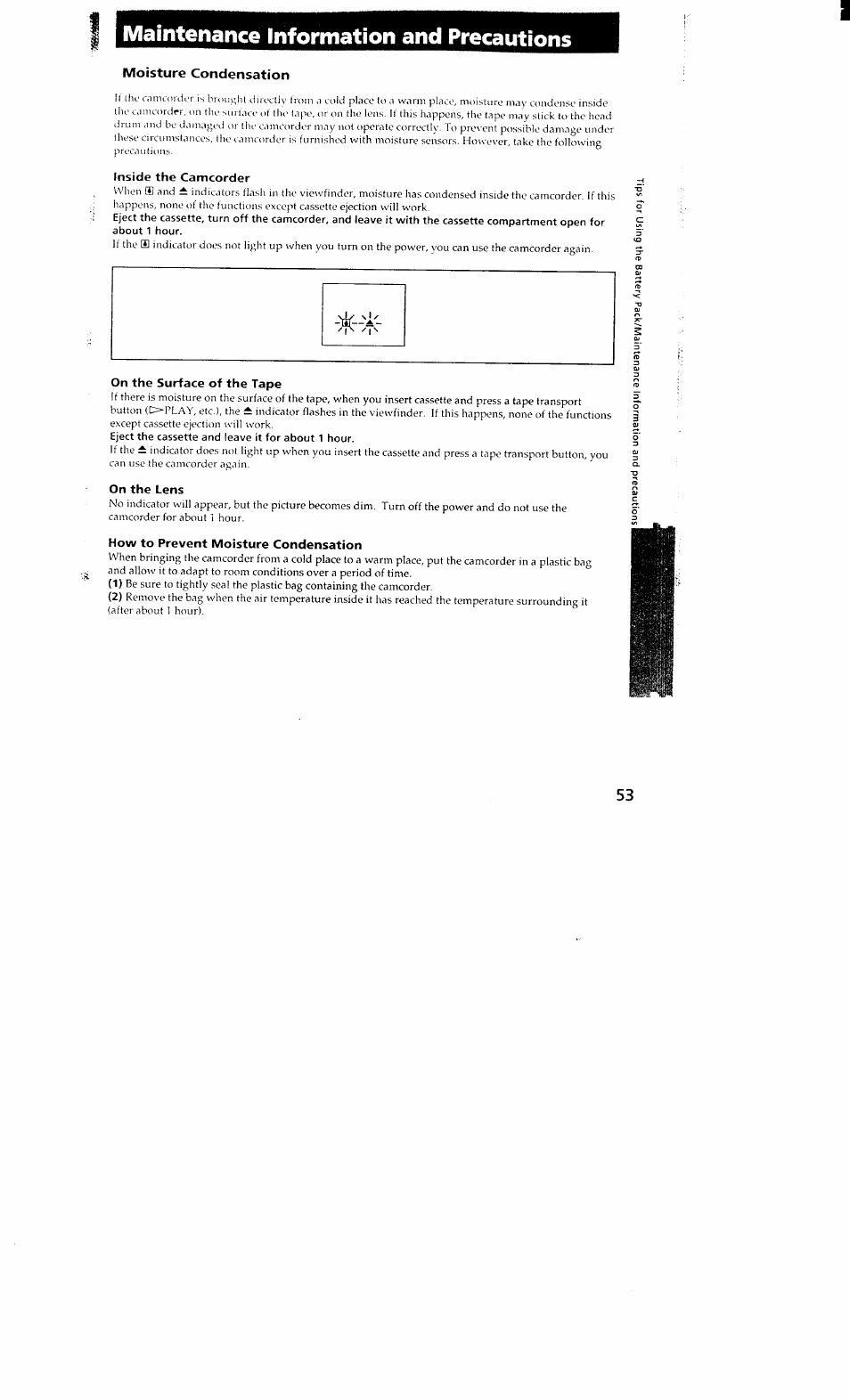 Maintenance information and precautions, Moisture condensation, Inside the camcorder | On the surface of the tape, On the lens, How to prevent moisture condensation | Sony DCR-VX700 User Manual | Page 51 / 73