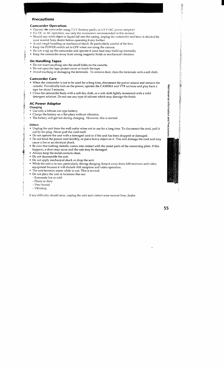 Precautions, Camcorder operation, On handling tapes | Camcorder care, Ac power adaptor | Sony DCR-VX700 User Manual | Page 53 / 73