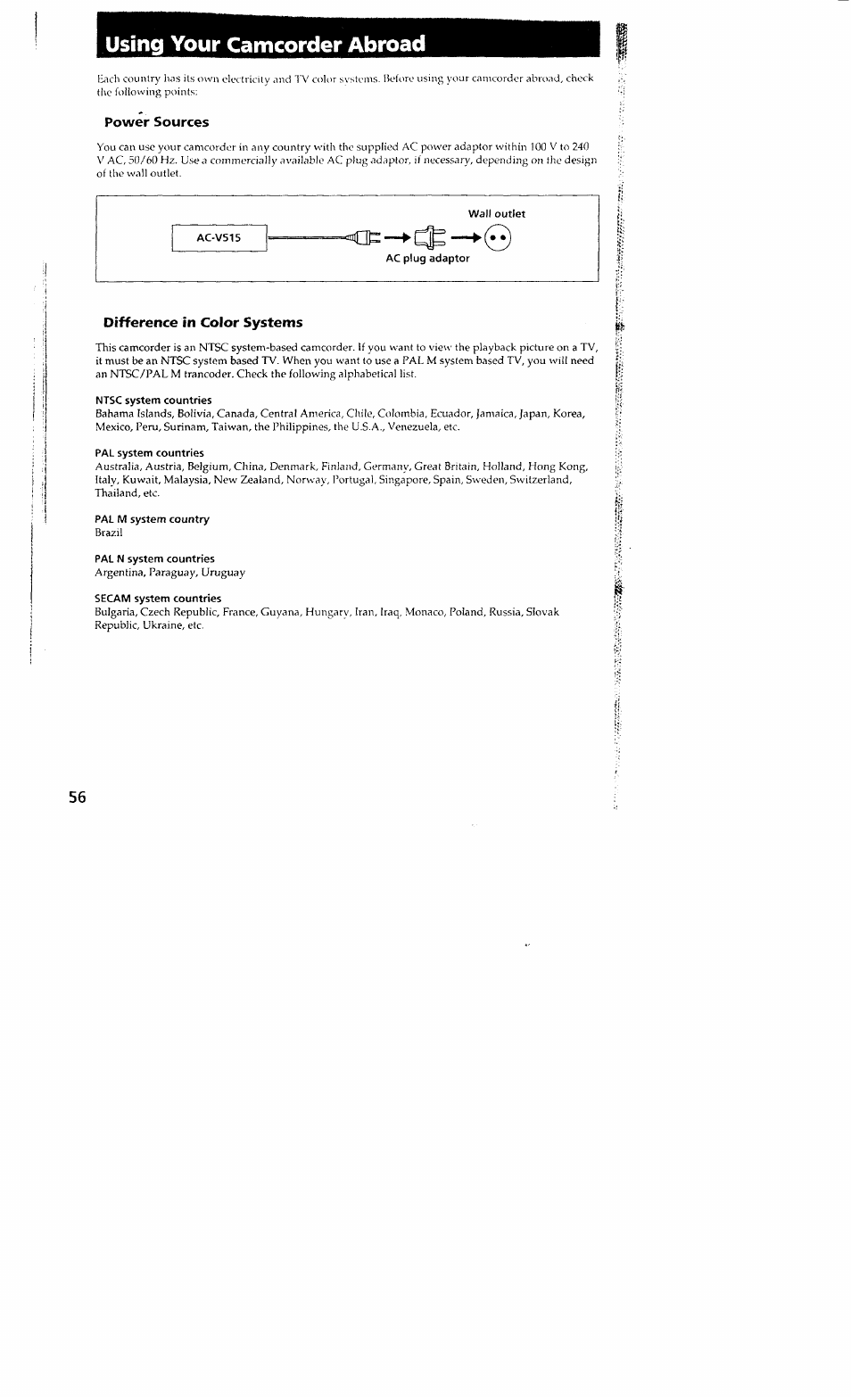 Using your camcorder abroad, Power sources, Difference in color systems | Sony DCR-VX700 User Manual | Page 54 / 73