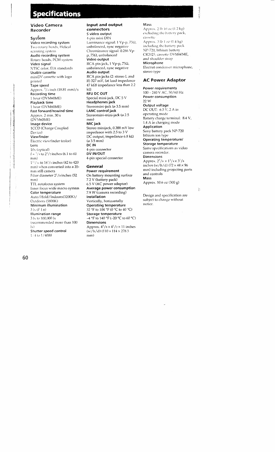 Specifications, Video camera recorder, System | Input and output connectors, General, Ac power adaptor | Sony DCR-VX700 User Manual | Page 58 / 73