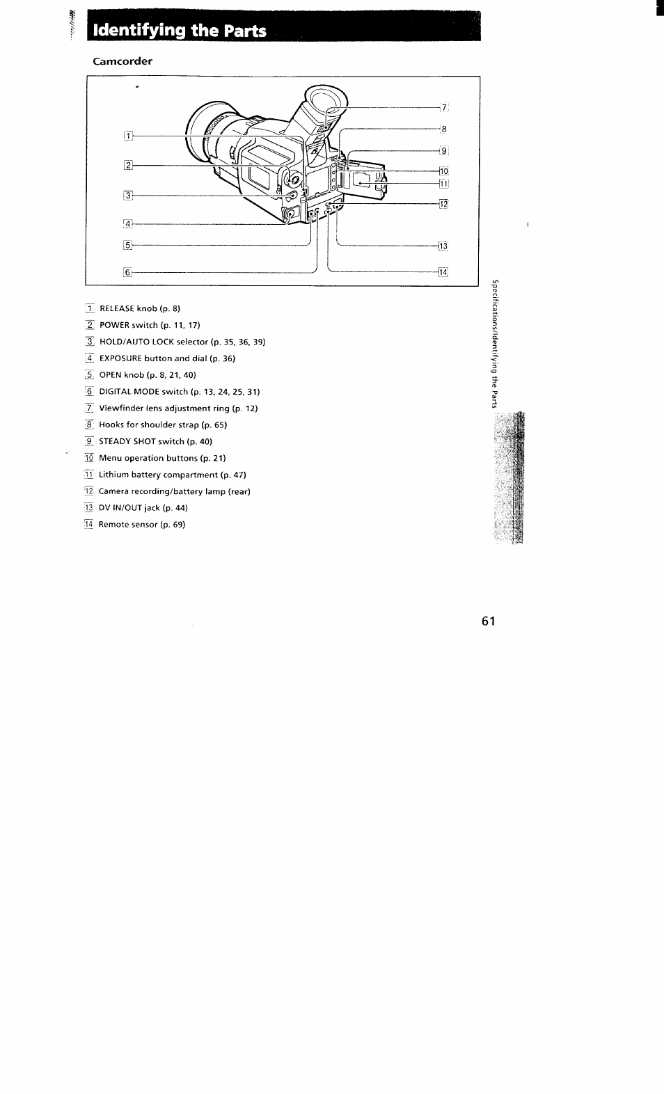 Camcorder, Identifying the parts | Sony DCR-VX700 User Manual | Page 59 / 73