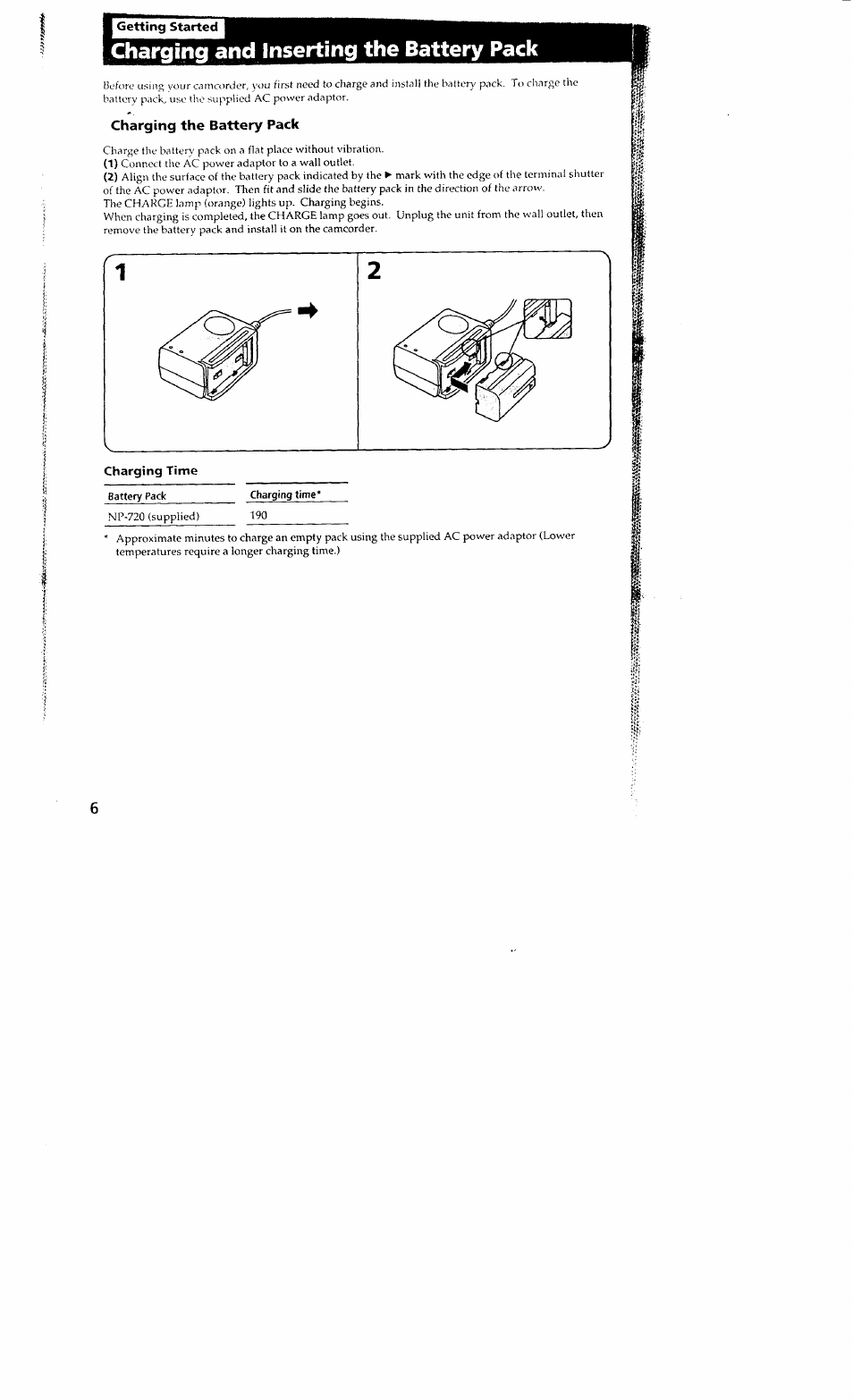 Charging and inserting the battery pack, Charging the battery pack | Sony DCR-VX700 User Manual | Page 6 / 73