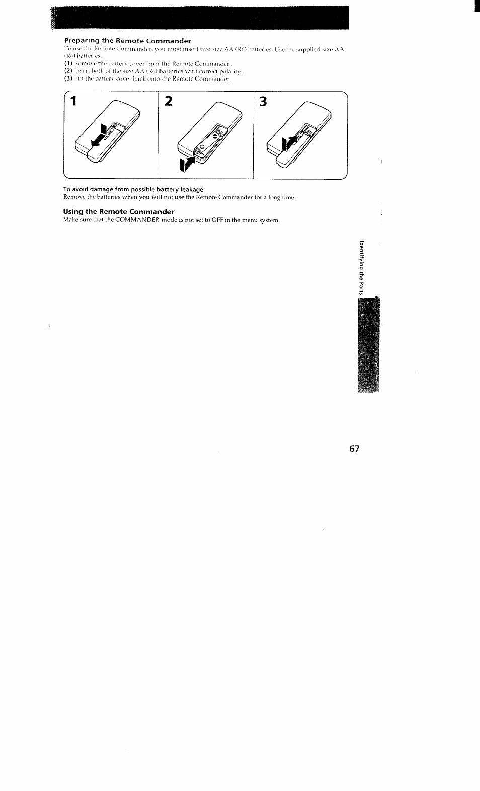 Preparing the remote commander, Using the remote commander | Sony DCR-VX700 User Manual | Page 65 / 73