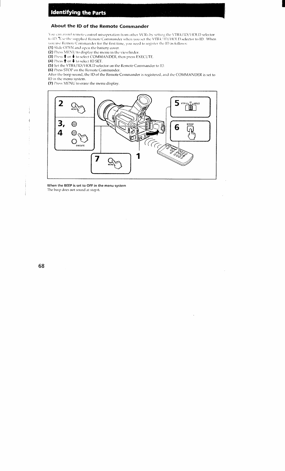 About the id of the remote commander, When the beep is set to off in the menu system, Identifying the parts | Sony DCR-VX700 User Manual | Page 66 / 73