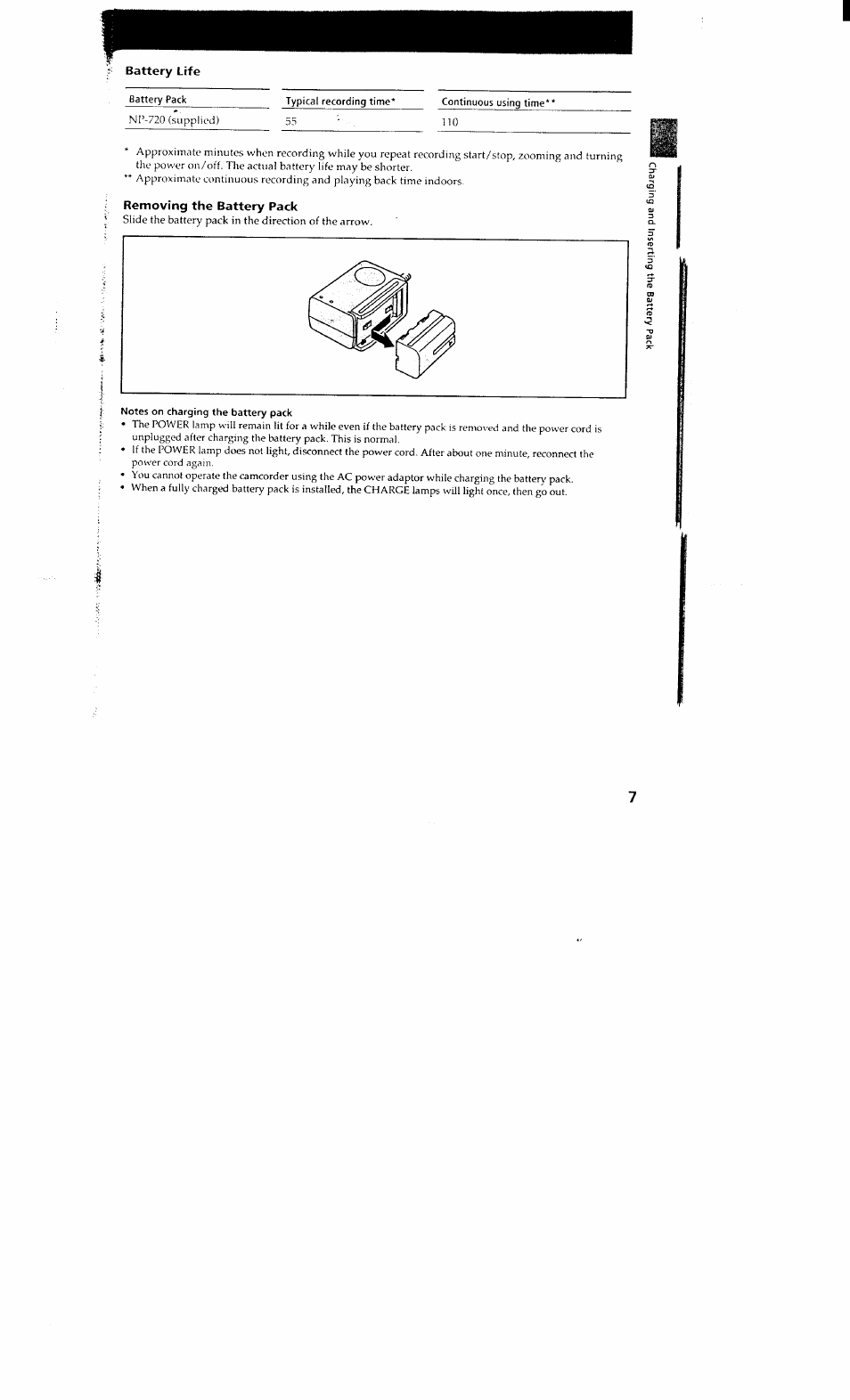 Notes on charging the battery pack | Sony DCR-VX700 User Manual | Page 7 / 73