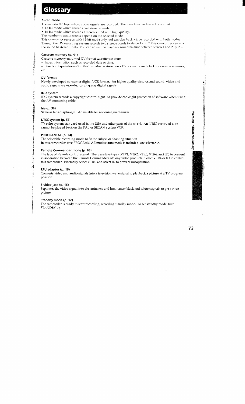 Glossary | Sony DCR-VX700 User Manual | Page 71 / 73