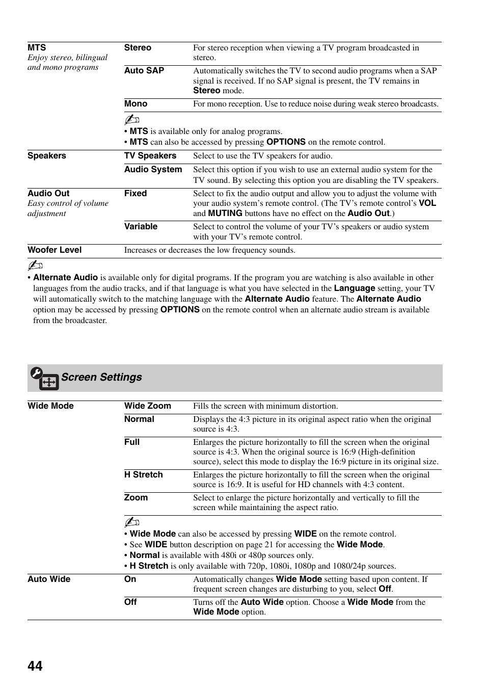 Screen settings | Sony KDL-52XBR7 User Manual | Page 44 / 60