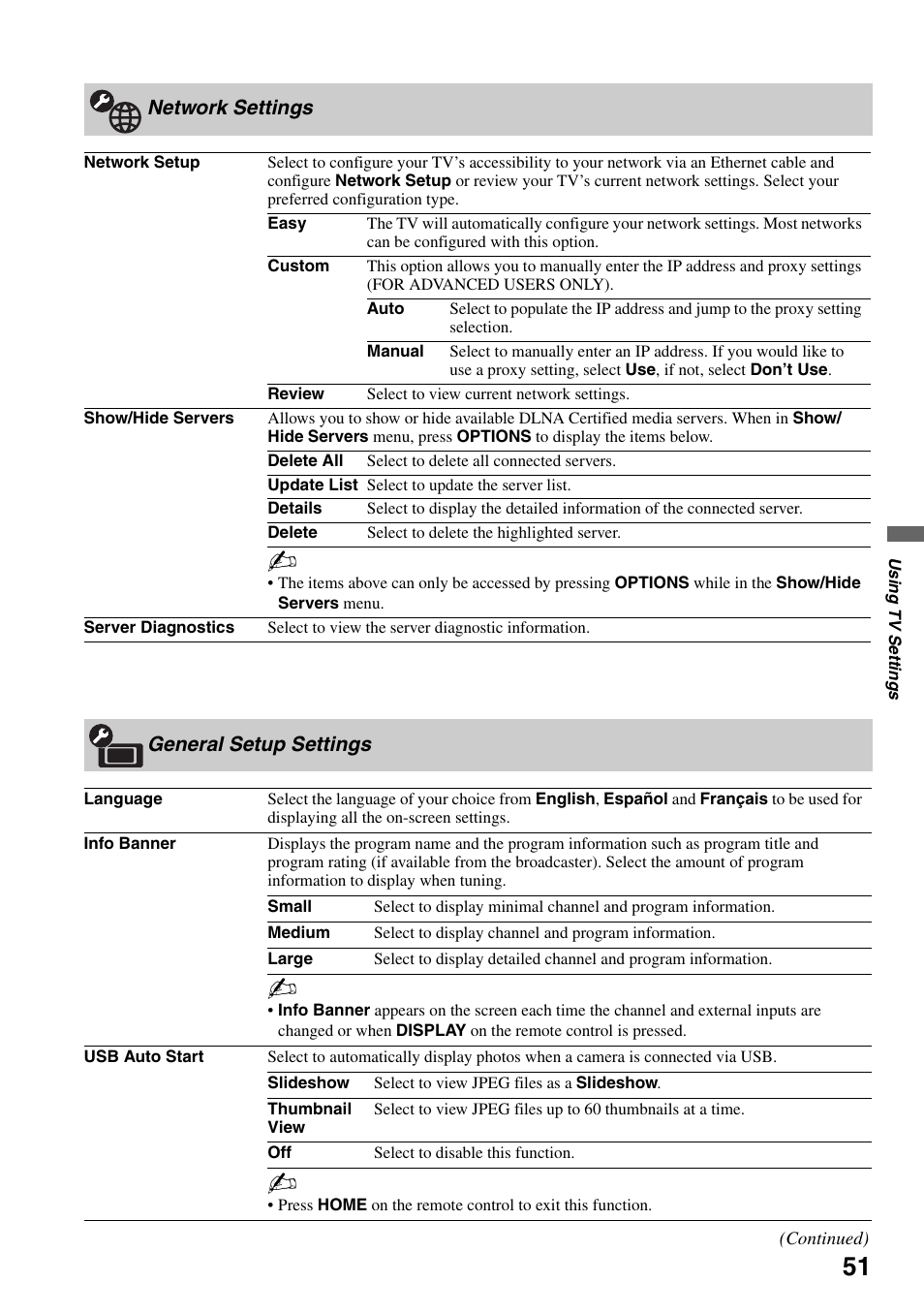 Network settings, General setup settings, Network settings general setup settings | Sony KDL-52XBR7 User Manual | Page 51 / 60