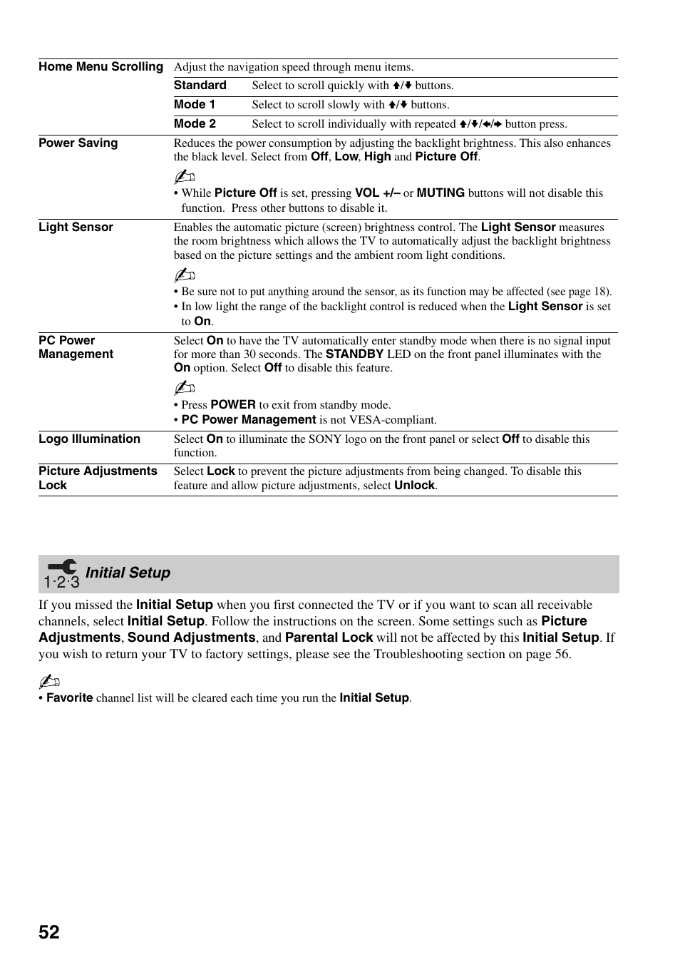 Initial setup | Sony KDL-52XBR7 User Manual | Page 52 / 60