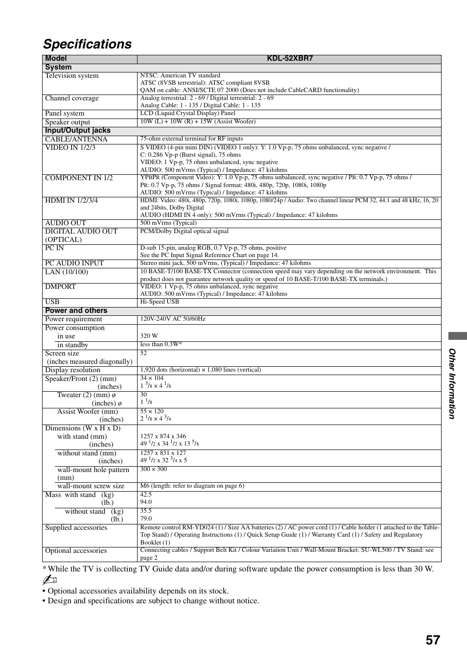 Specifications, Other information | Sony KDL-52XBR7 User Manual | Page 57 / 60