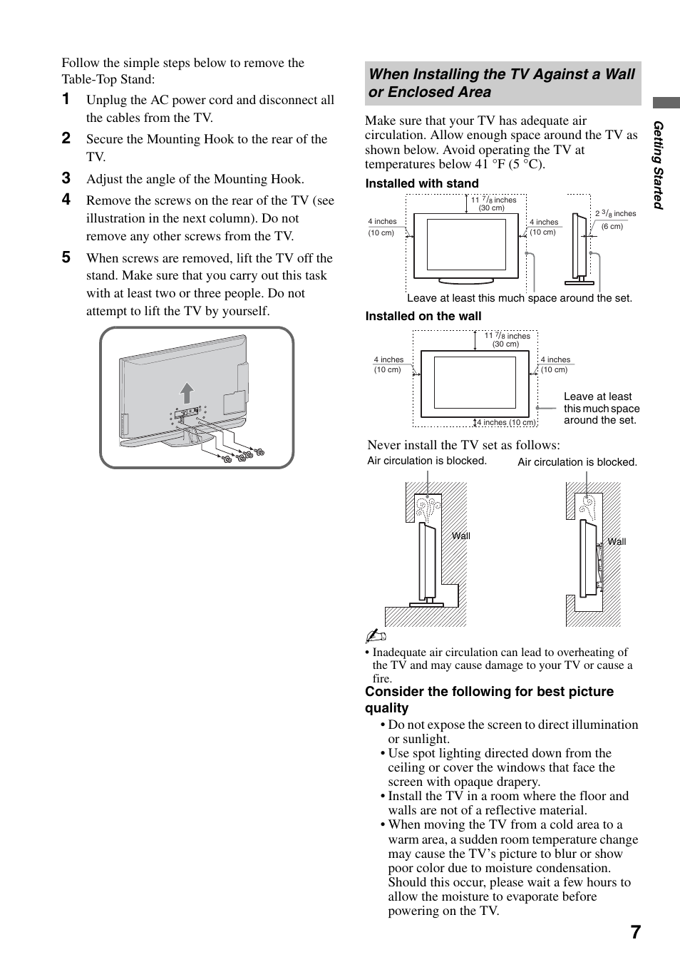 When installing the tv against a wall or, Enclosed area, Secure the mounting hook to the rear of the tv | Adjust the angle of the mounting hook, Never install the tv set as follows | Sony KDL-52XBR7 User Manual | Page 7 / 60