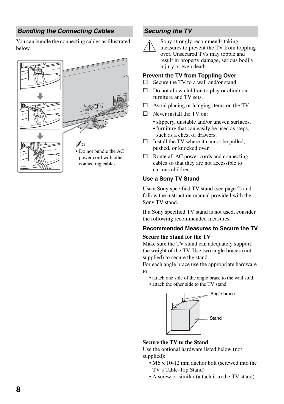 Bundling the connecting cables, Securing the tv, Bundling the connecting cables securing the tv | Sony KDL-52XBR7 User Manual | Page 8 / 60