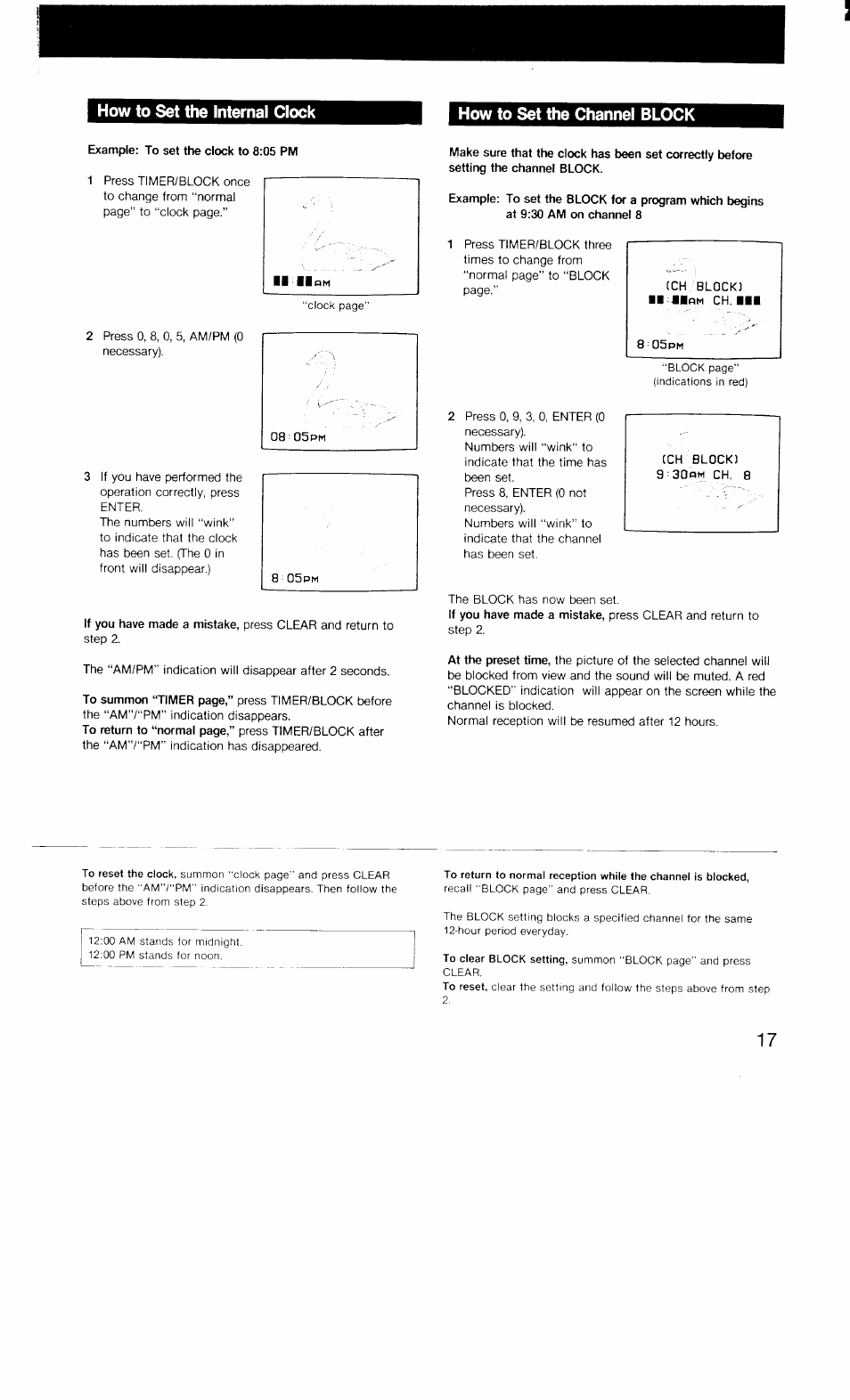 How to set the internal clock, How to set the channel block | Sony KV-27TS20 User Manual | Page 17 / 19