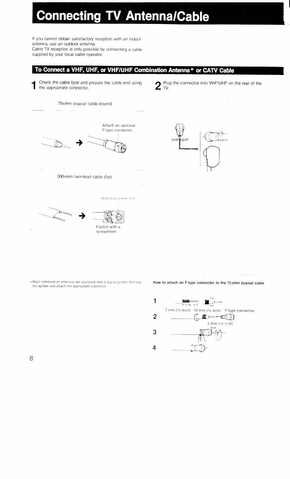 Connecting tv antenna/cabie | Sony KV-27TS20 User Manual | Page 8 / 19