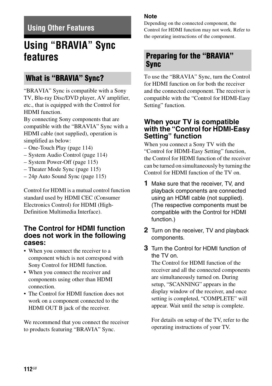 Using other features, Using “bravia” sync features | Sony STR-DA5500ES User Manual | Page 112 / 198