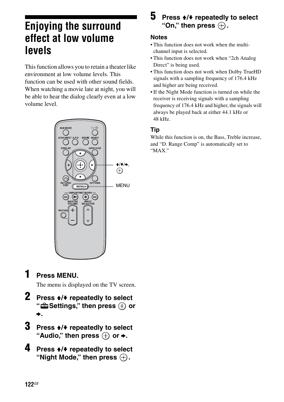 Enjoying the surround effect at low volume levels, Enjoying the surround effect at low volume, Levels | Sony STR-DA5500ES User Manual | Page 122 / 198