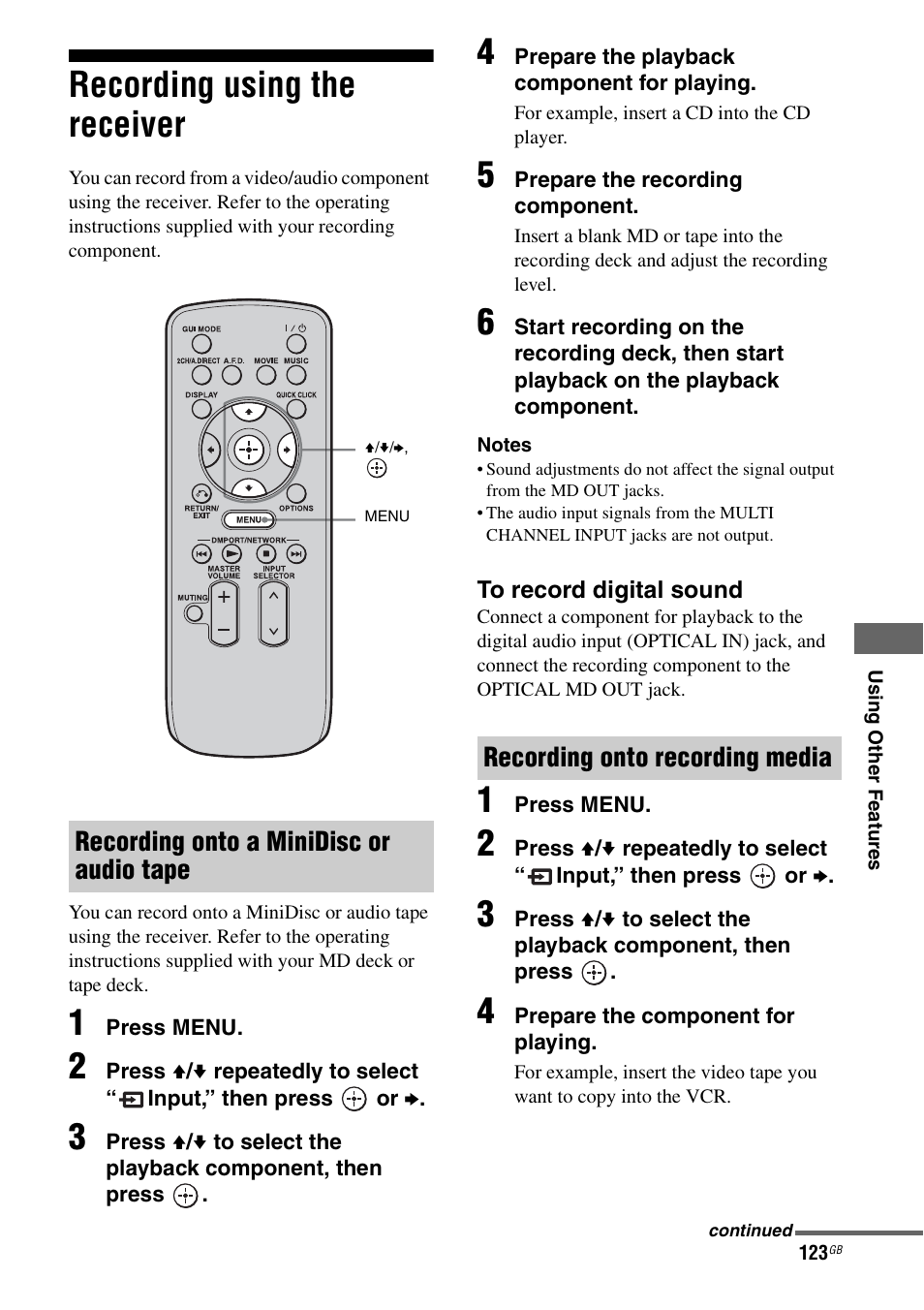 Recording using the receiver, Recording onto a minidisc or audio tape, Recording onto recording media | Sony STR-DA5500ES User Manual | Page 123 / 198