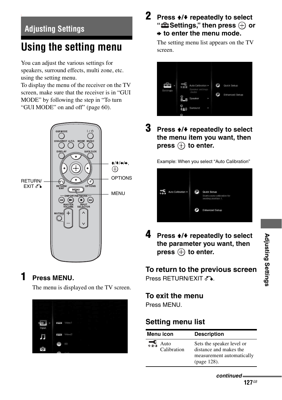 Adjusting settings, Using the setting menu | Sony STR-DA5500ES User Manual | Page 127 / 198