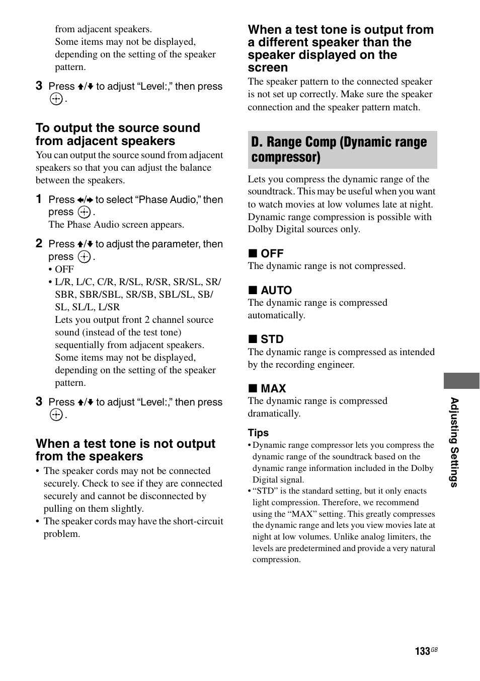 D. range comp (dynamic range compressor), When a test tone is not output from the speakers | Sony STR-DA5500ES User Manual | Page 133 / 198