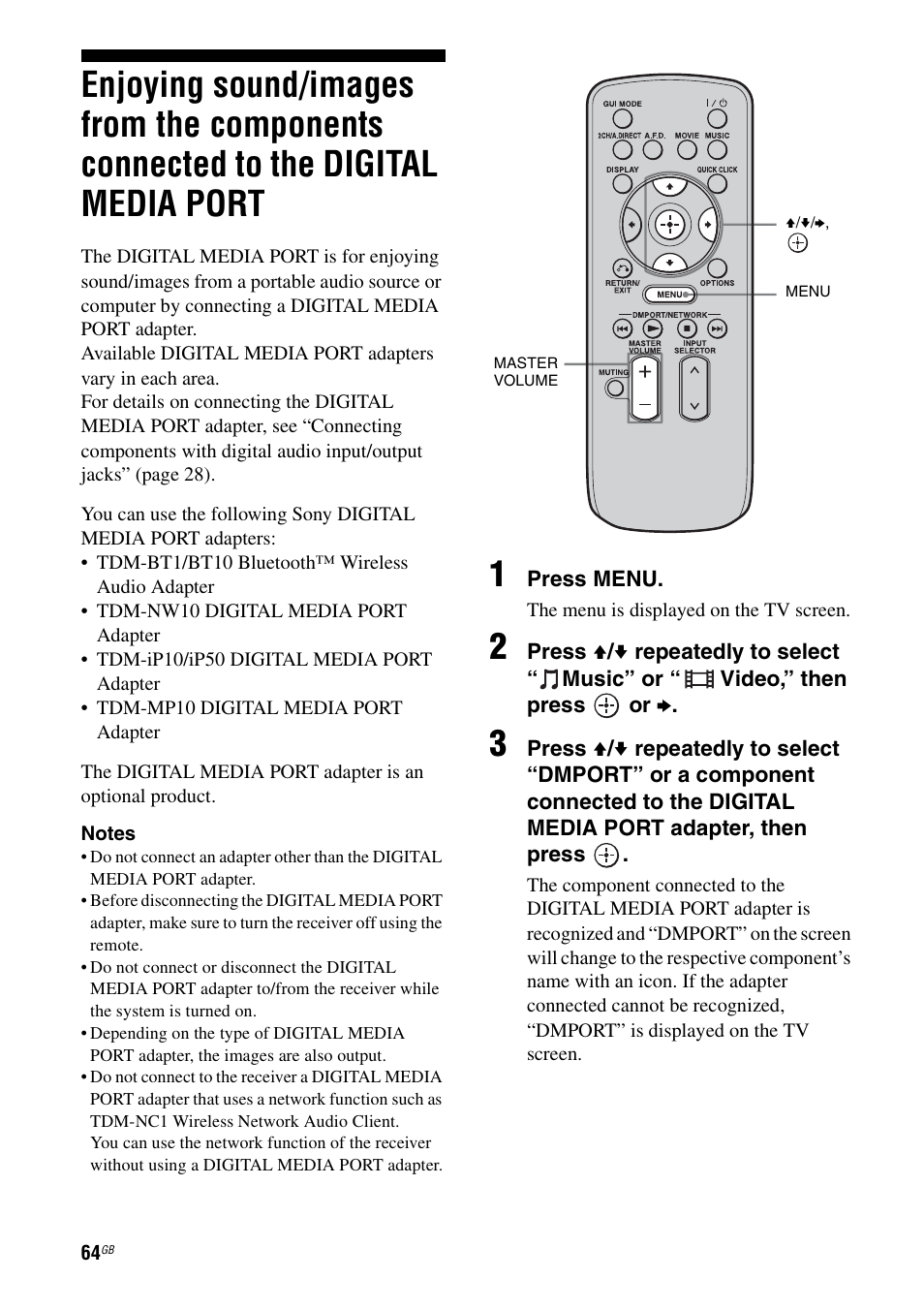 Enjoying sound/images from the components, Connected to the digital media port | Sony STR-DA5500ES User Manual | Page 64 / 198