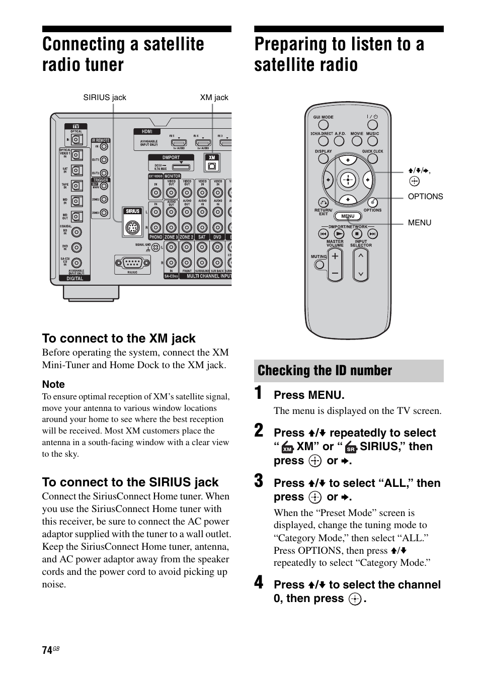 Connecting a satellite radio tuner, Preparing to listen to a satellite radio, Preparing to listen to a satellite radio 1 | Checking the id number | Sony STR-DA5500ES User Manual | Page 74 / 198