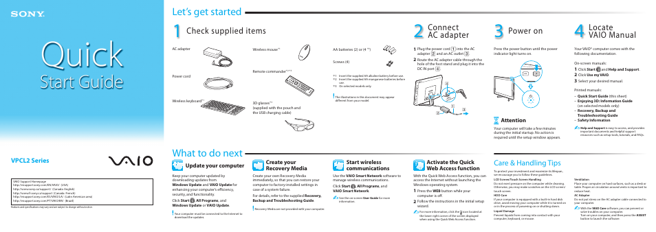 What to do next let’s get started, Connect ac adapter, Check supplied items | Power on, Locate vaio manual, Care & handling tips, Vpcl2 series, Attention, Start wireless communications | Sony VPCL222FX User Manual | Page 2 / 2