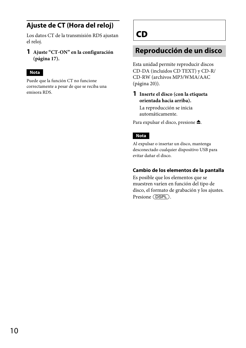 Reproducción de un disco, Ajuste de ct (hora del reloj) | Sony CDX-GT40UW User Manual | Page 30 / 48