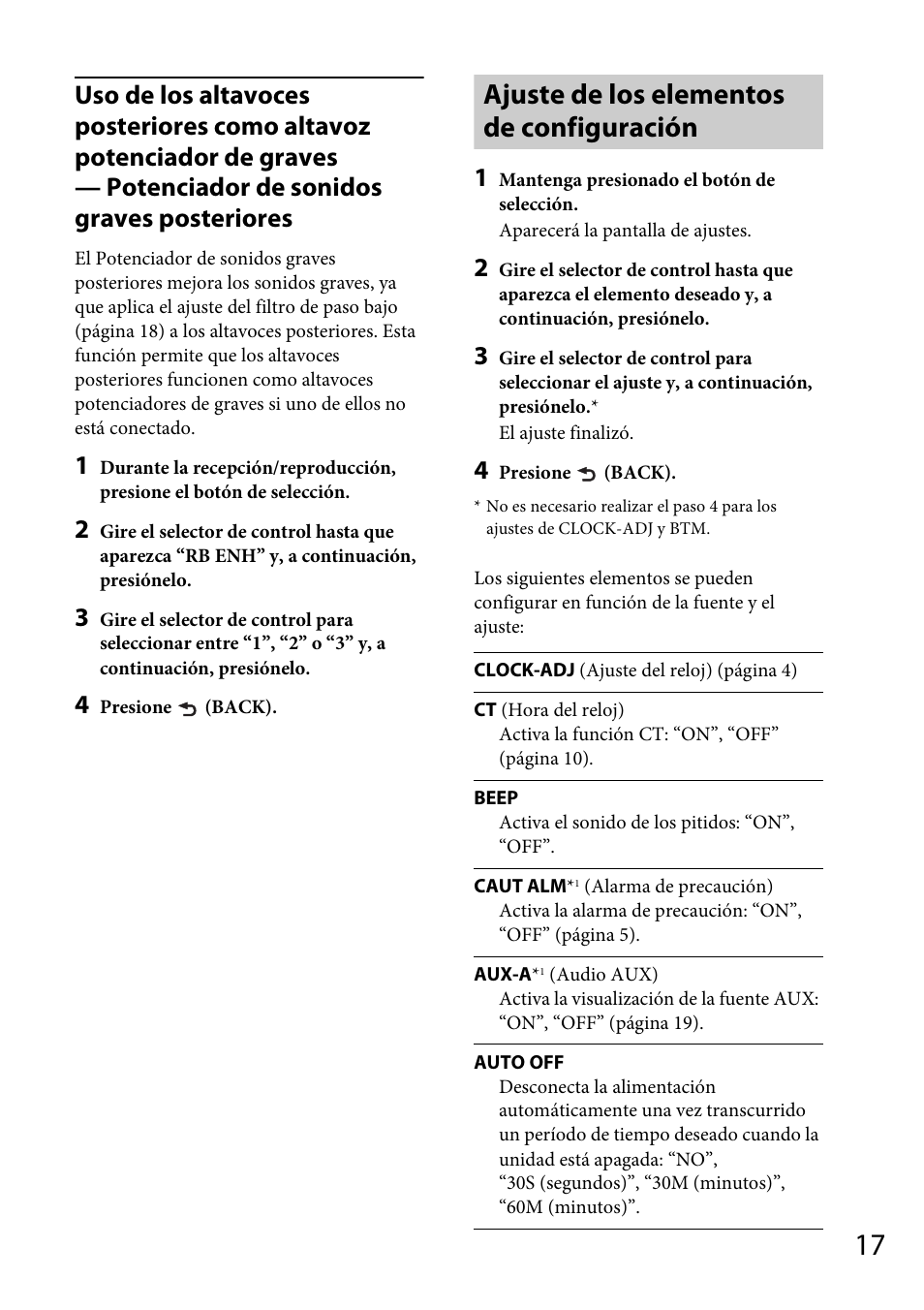 Ajuste de los elementos de configuración | Sony CDX-GT40UW User Manual | Page 37 / 48