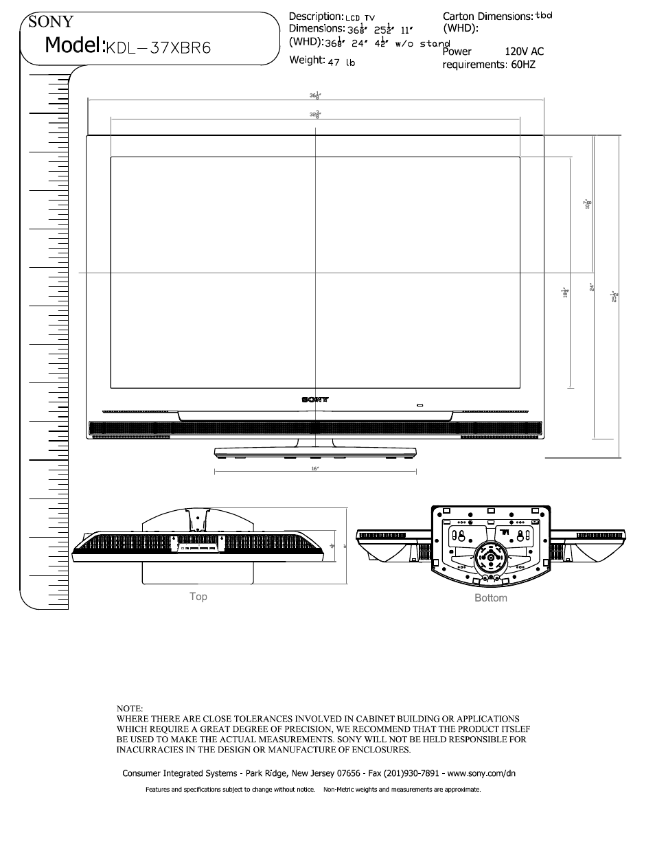 Sony KDL-37XBR6 User Manual | 2 pages