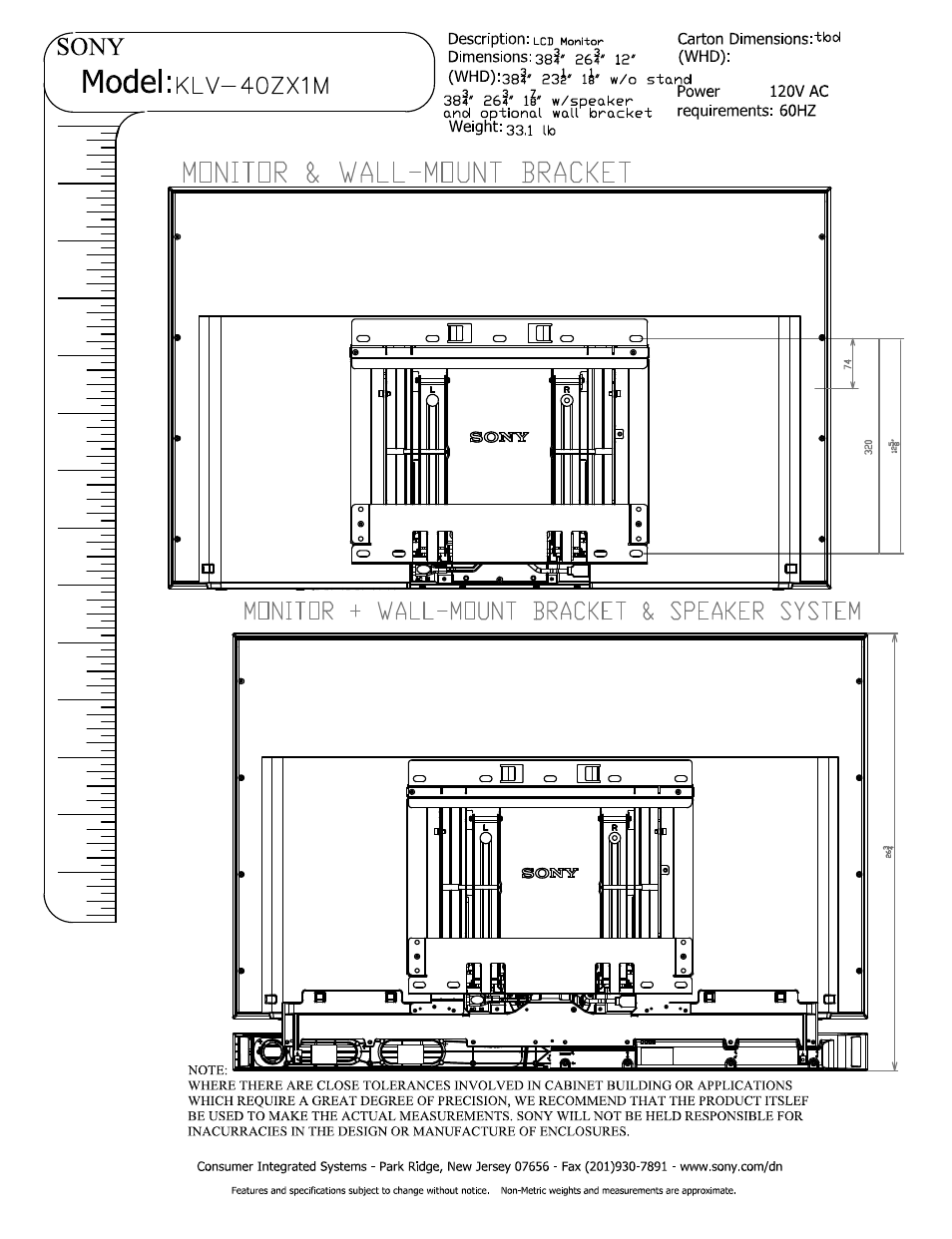 Fony, Model :klv-4ozxim, Dimensions: 383' 2&3' 12' (whd) | Model, Mdnitdr & vall-mdunt bracket, Mdnitdr + vall-mdunt bracket speaker system | Sony KLV-40ZX1M User Manual | Page 4 / 5