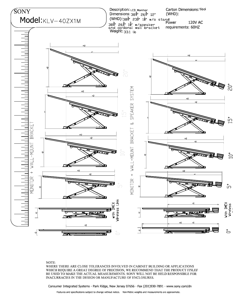 Dimensions: 383' 2&3' 12' (whd), Model, Ozxim | Sony KLV-40ZX1M User Manual | Page 5 / 5