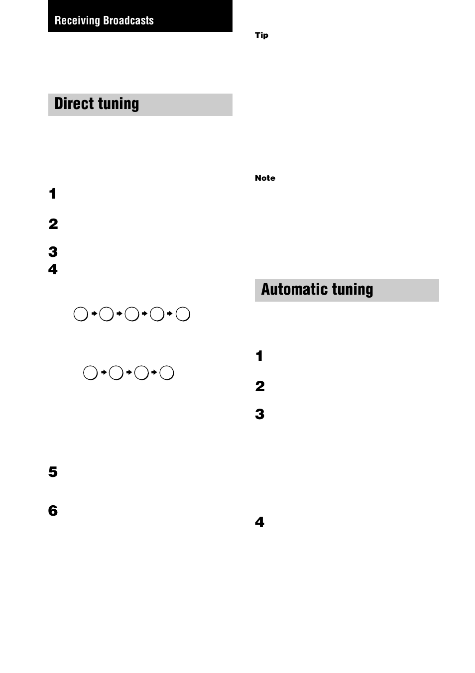 Receiving broadcasts, Direct tuning, Automatic tuning | Sony STR-DE1075 User Manual | Page 36 / 56