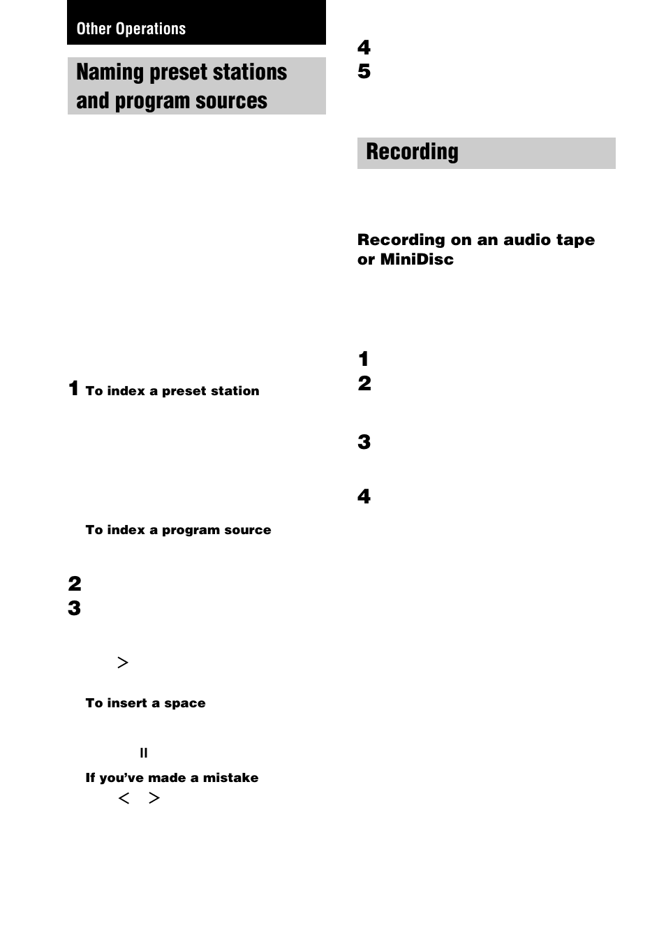 Other operations, Naming preset stations and program sources, Recording | Sony STR-DE1075 User Manual | Page 38 / 56