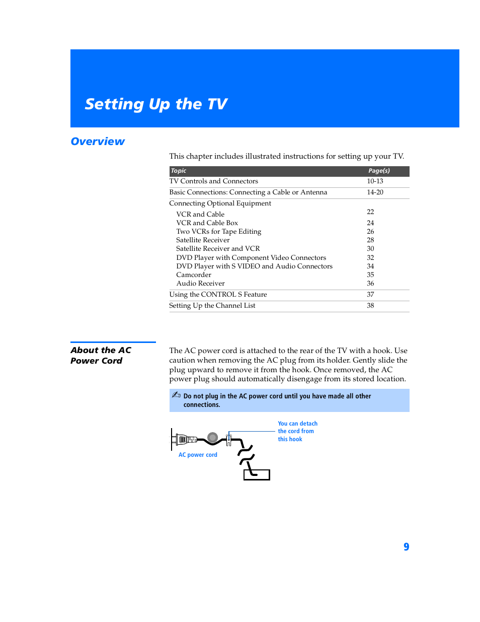 Setting up the tv, Overview, About the ac power cord | Sony KV-32HV600 User Manual | Page 10 / 89