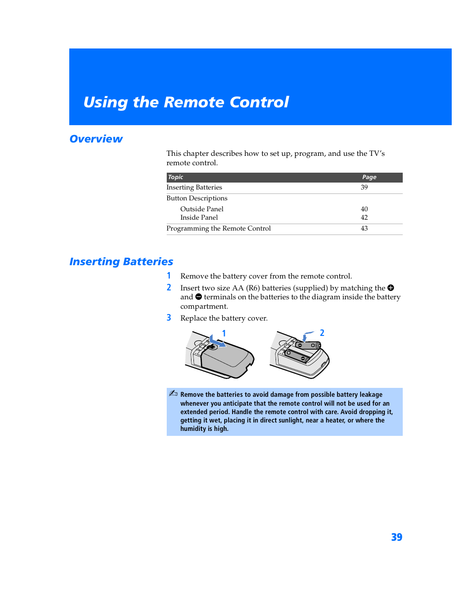 Using the remote control, Overview, Inserting batteries | Overview inserting batteries | Sony KV-32HV600 User Manual | Page 40 / 89