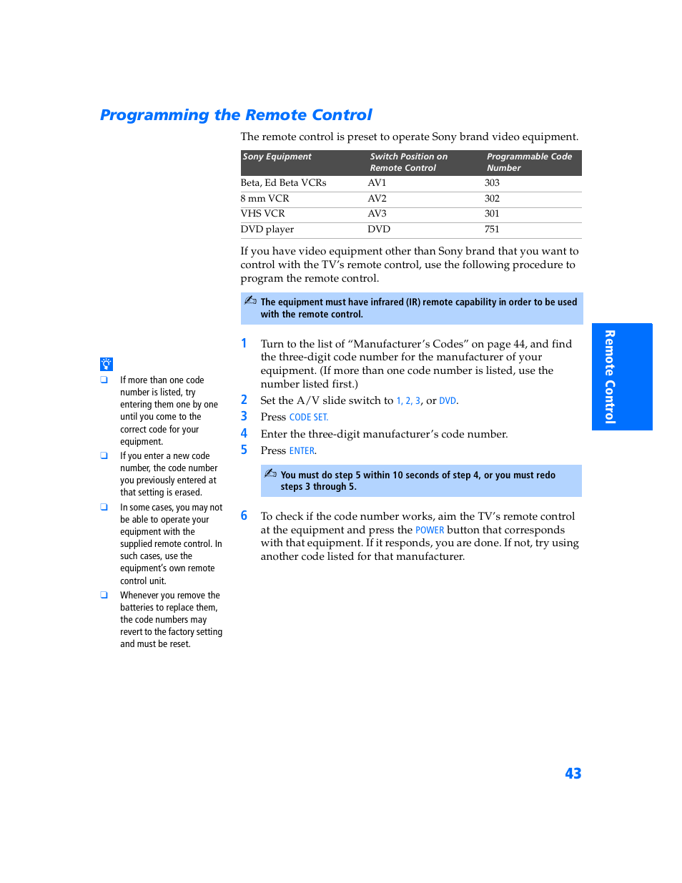 Programming the remote control | Sony KV-32HV600 User Manual | Page 44 / 89