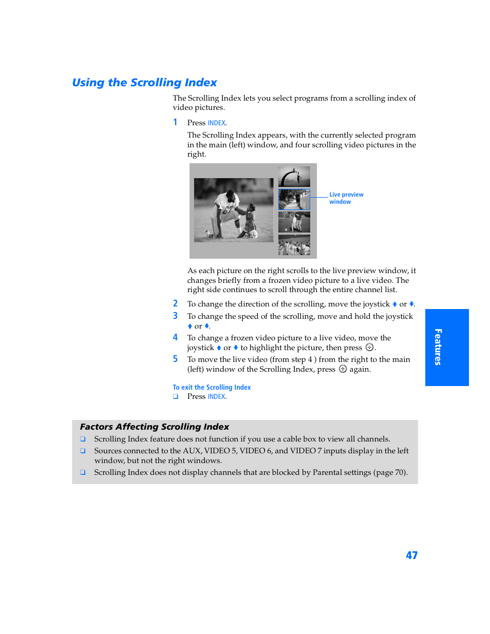 Using the scrolling index, Factors affecting scrolling index | Sony KV-32HV600 User Manual | Page 48 / 89