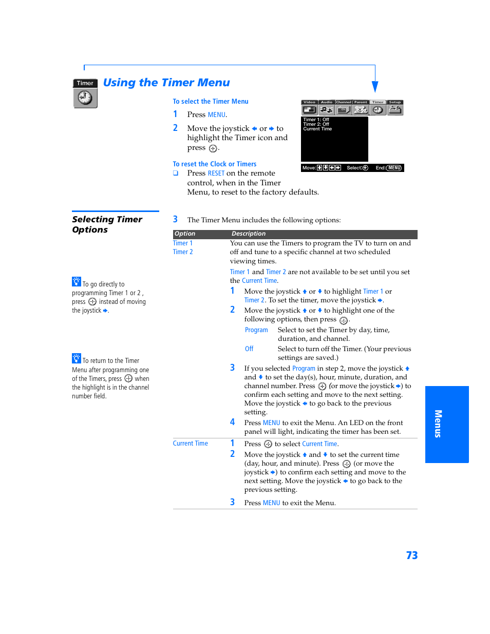 Using the timer menu, Selecting timer options | Sony KV-32HV600 User Manual | Page 74 / 89